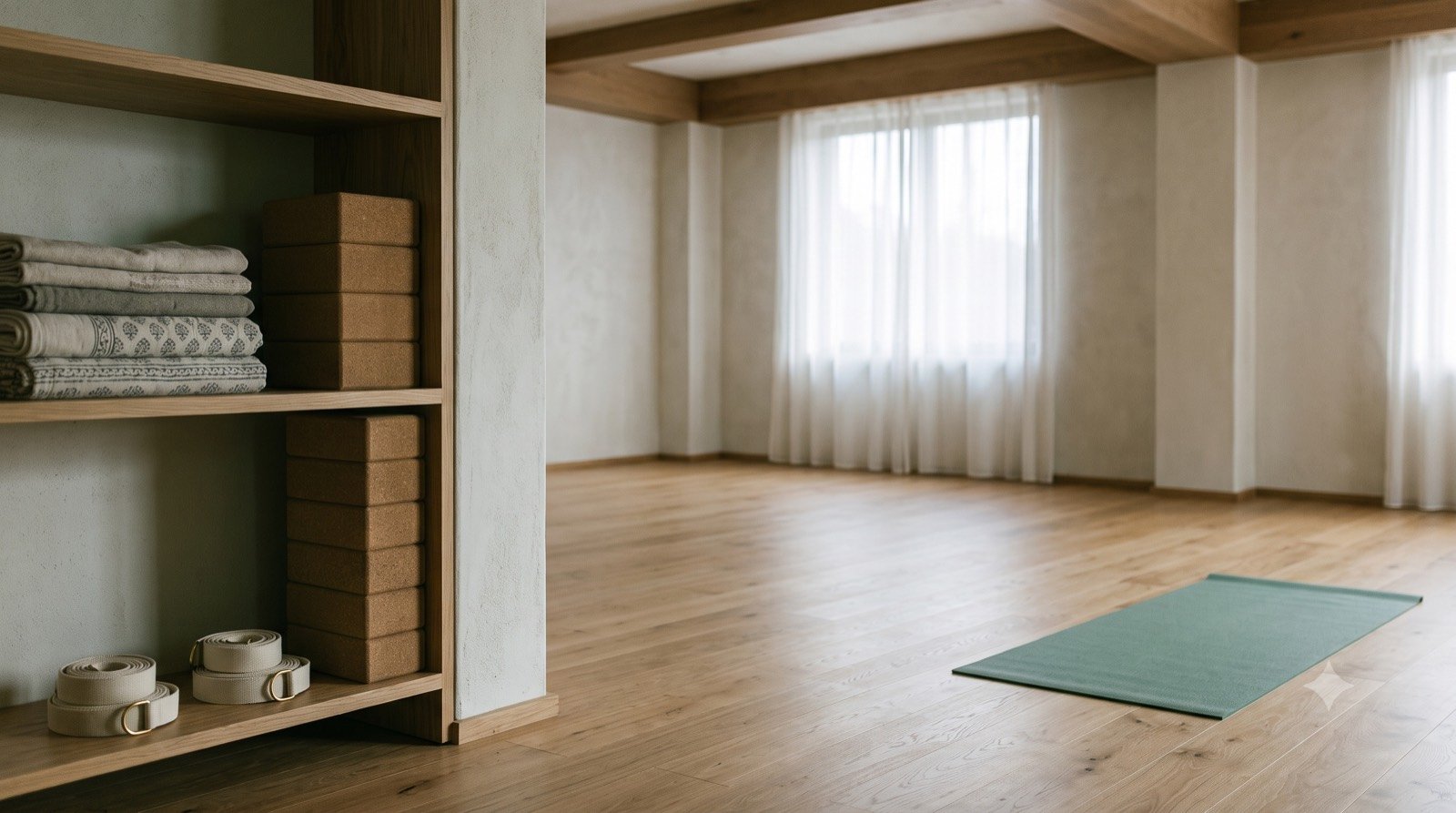 Blocks, straps and folded blankets on the RituYog studio shelving