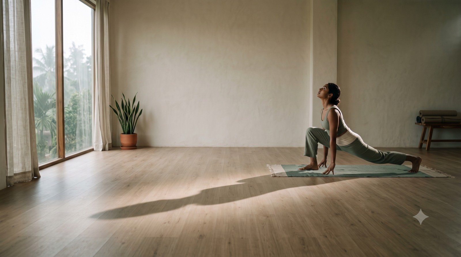 A practitioner moving through Surya Namaskar in the morning