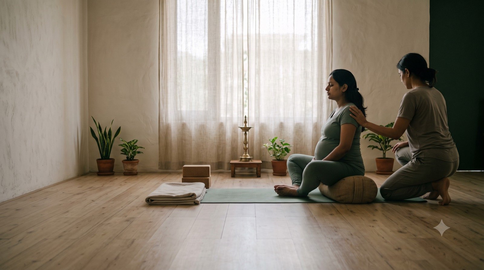 A one-to-one prenatal yoga session on a bolster at the RituYog studio