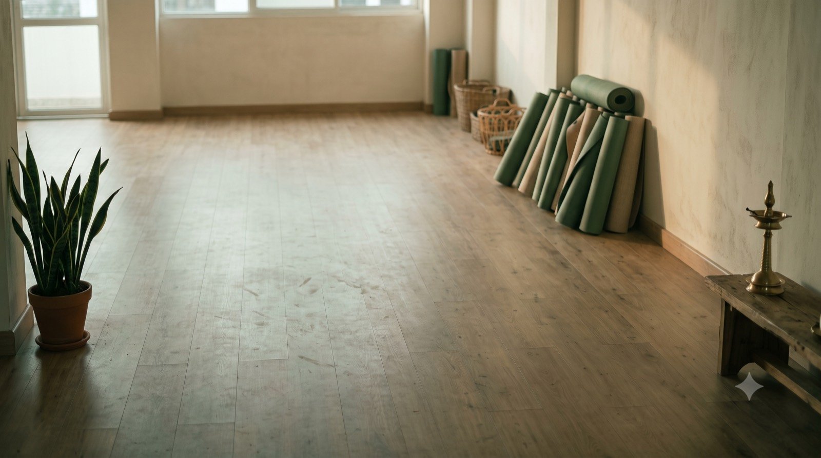 The RituYog studio after class, mats stacked and light low
